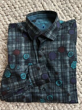 Visconti Black blue plaid button-down shirt with mandala pattern